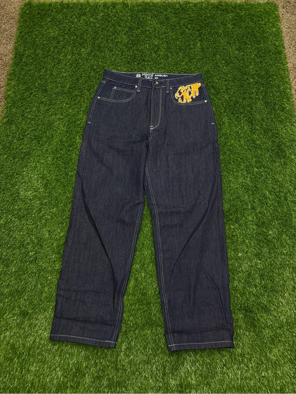 Ninth hall baggy raw denim Jeans with Yellow Pocket and back stitching details